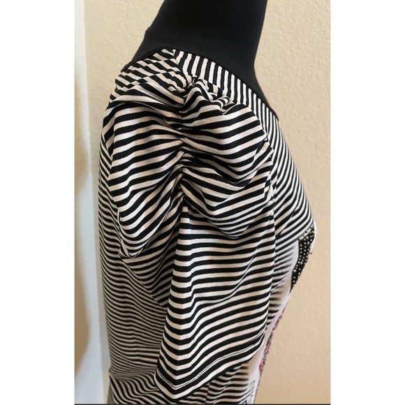 Striped Puffy Sleeve Short Sleeve High Heeled Shoe Studded Top - Picture 5 of 11